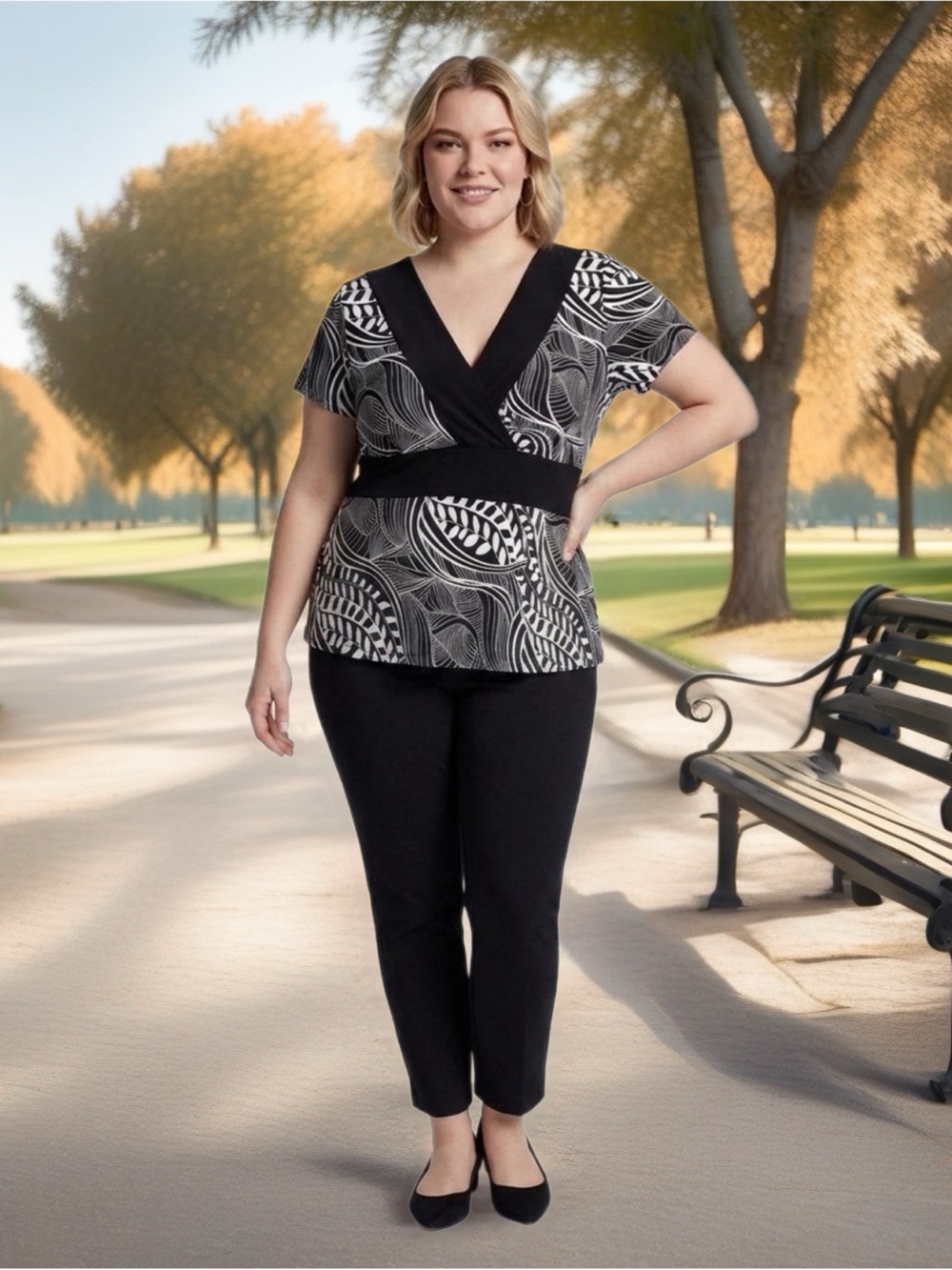 Susan Lawrence Black and White Printed Wrap Top